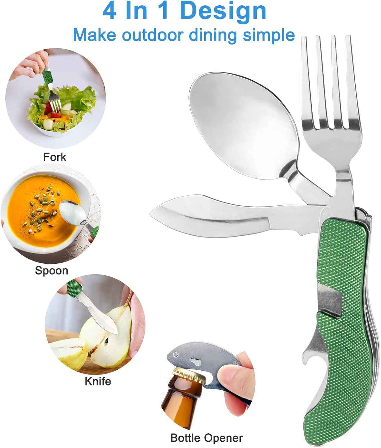 4-in-1 Portable Stainless Steel Cutlery with Fork, Spoon, Knife, and Bottle Opener - Lightweight, Detachable, and Durable Camping Silverware for Outdoor Events and Adventures